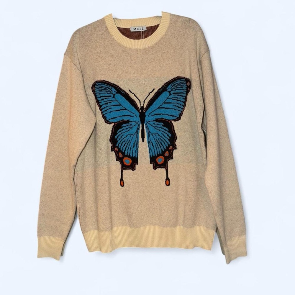 Beige Sweater with Blue Butterfly Design